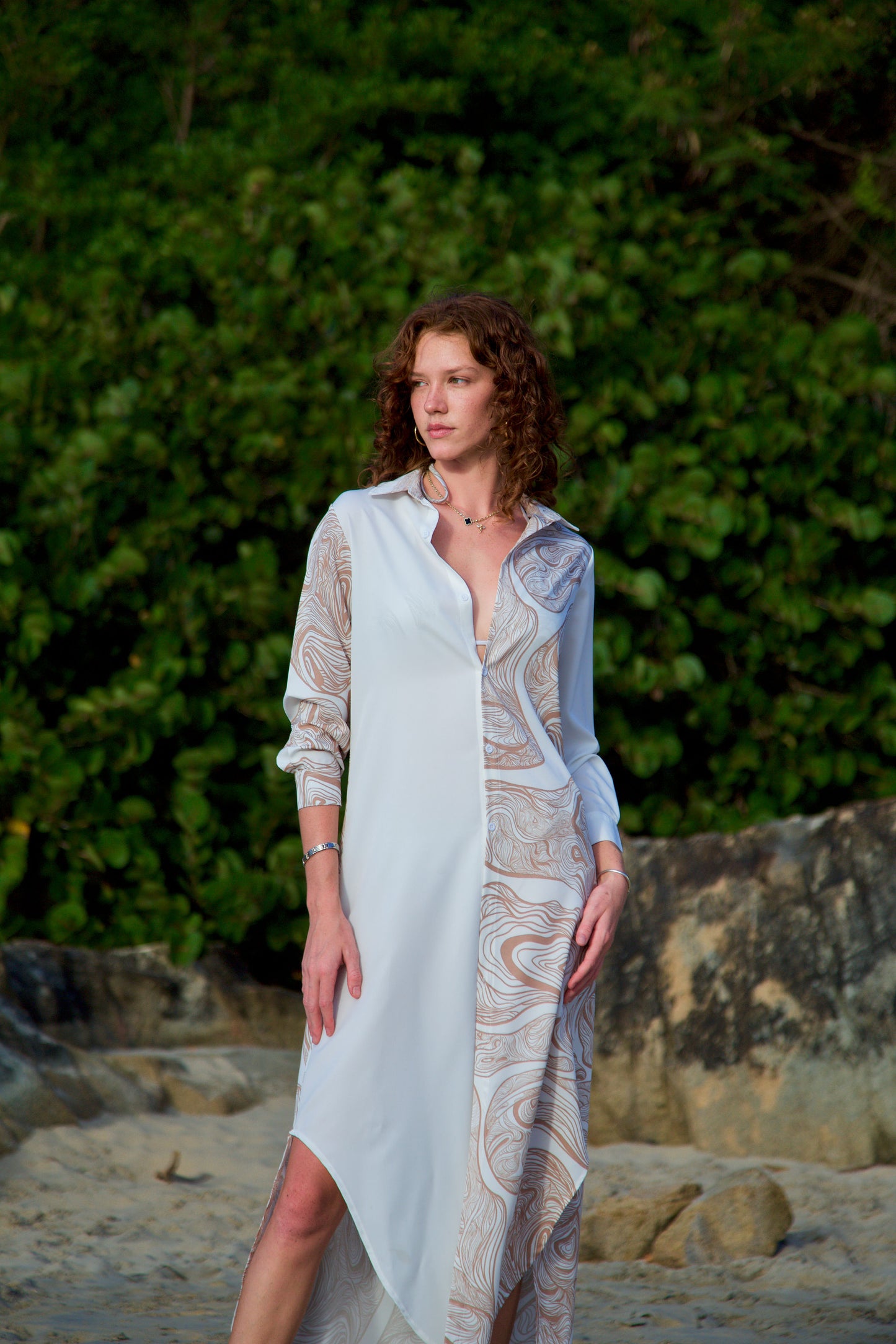 Button Neck Long Sleeve Shirt Dress